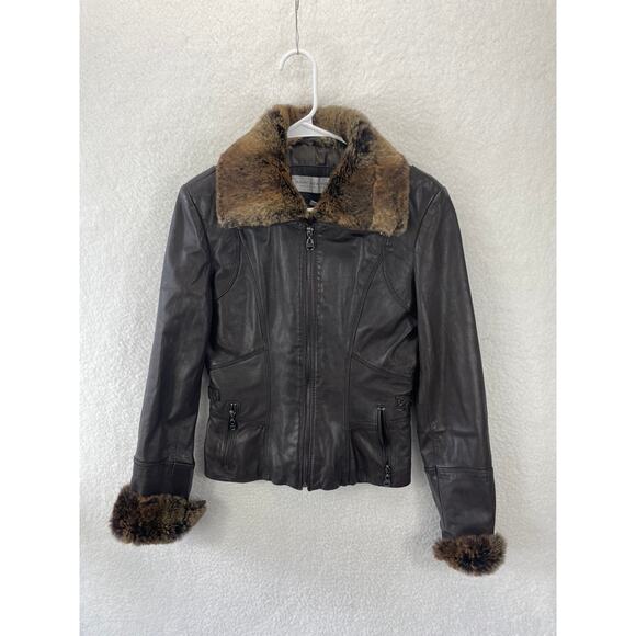 Marc New York‎ Women's Brown Zip Leather Jacket Natural Fur Coat Size US XS - Picture 1 of 12
